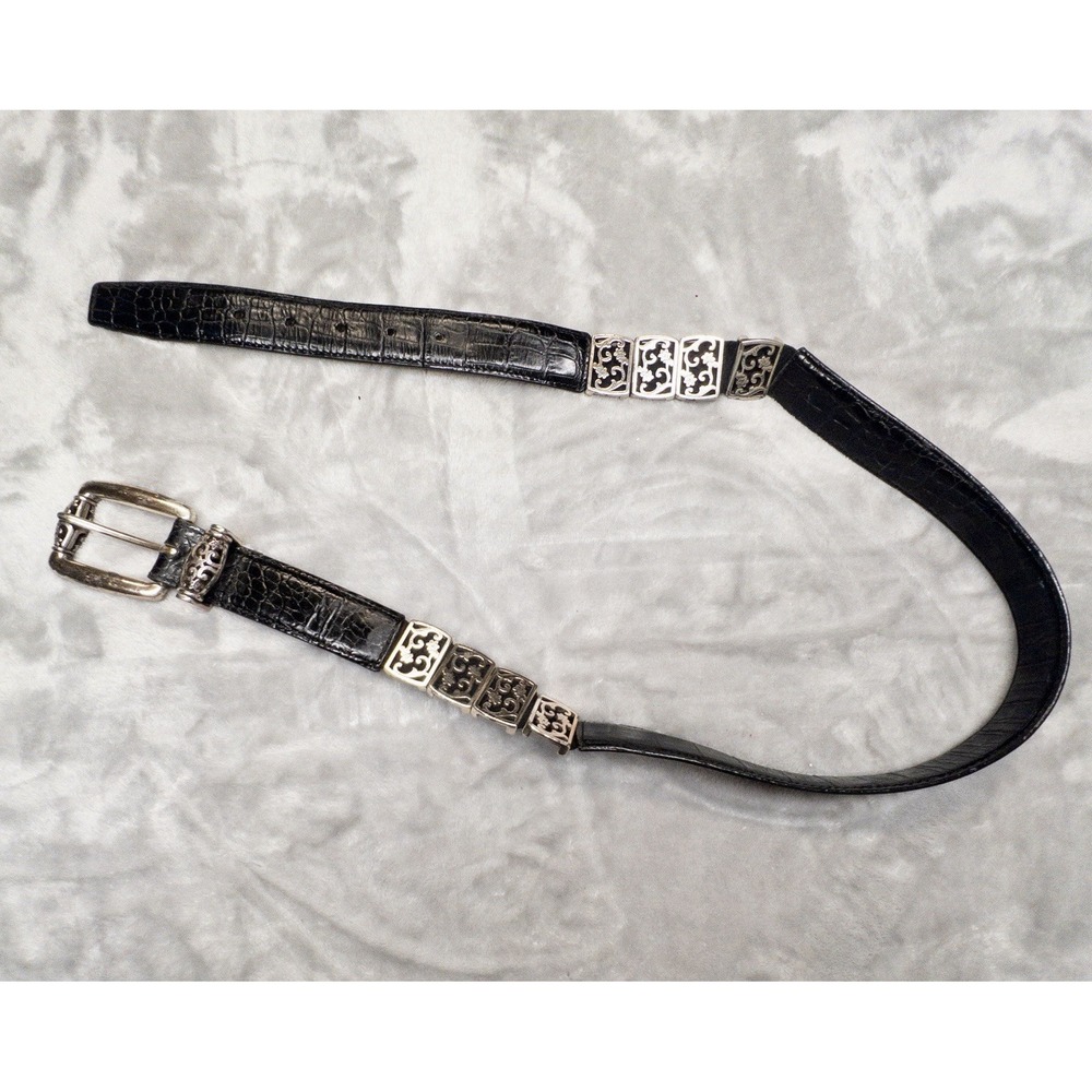 Vtg Brighton Black Crocodile Grain Leather Belt Silver Accents Womens XL 36